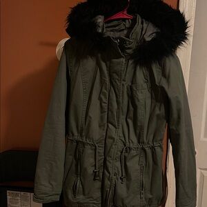 Green Parka with Black Fur Hood. NWOT